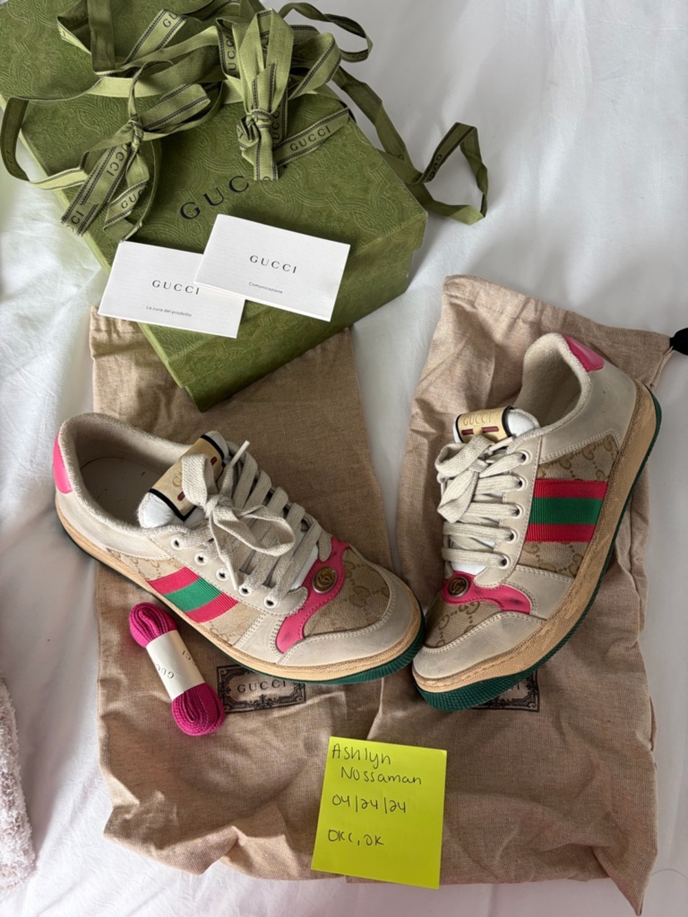 Gucci Beige Leather & Canvas Sneakers with Pink and Green Web